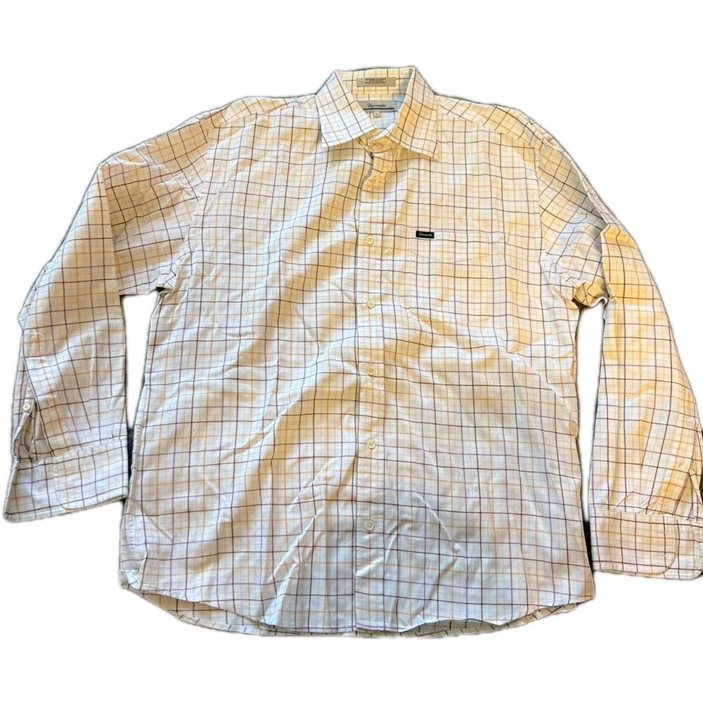 Faconnable Mens Ivory Blue Tan Plaid Long Sleeve Collared Pure Cotton Shirt Sz L